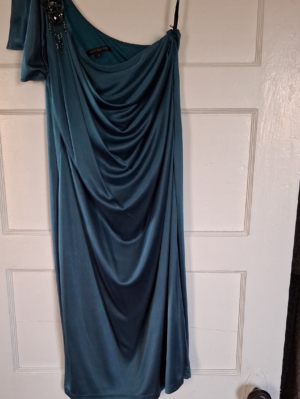 David Meister Teal Draped One-Shoulder Dress